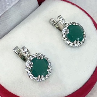 P6419 ต่างหูพลอยโมราแท้ ( Chrysoprase ) แบบอิงลิชล็อค ตัวเรือนเงินแท้ 925 ชุบทองคำขาว