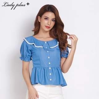 Lady Plus เสื้อคอระบายแต่งลูกไม้ | Ruffle Blouse with Lace Trim