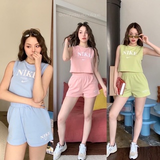 “Nk sport set”👟✔️ (430฿ฟรีส่ง) ชุดเซท ดีเทลลายสกรีนอักษรสวยมาก เนื้อผ้าดี กางเกงขาสั้น มีกระเป๋า tag valen nike สีพาสเทล