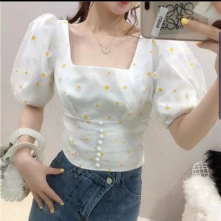 เสื้อครอปแฟชั่นผ้ามุ้งพิมดอกเดชี้