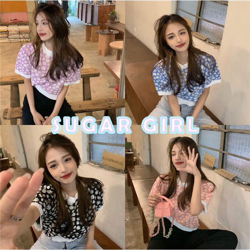 sugar girl เสื้อครอป เสื้อไหมพรม เนื้อผ้าคุณภาพดี ลายดอกเดซี่ Daisy แฟชั่นเกาหลี เสื้อเอวลอย เสื้อยื