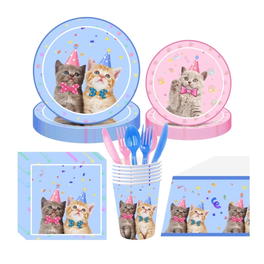 เซ็ทตกแต่ง แมว จาน-แก้วกระดาษ ป้ายวันเกิด ปาร์ตี้ วันเกิด Kitten Cat Birthday Party Table Set bunting Paper Plate Cup