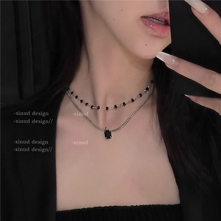 Double Layered Black Diamond Necklace Ins Style Fashion New Simple Light Luxury High-end Collarbone Chain Necklace