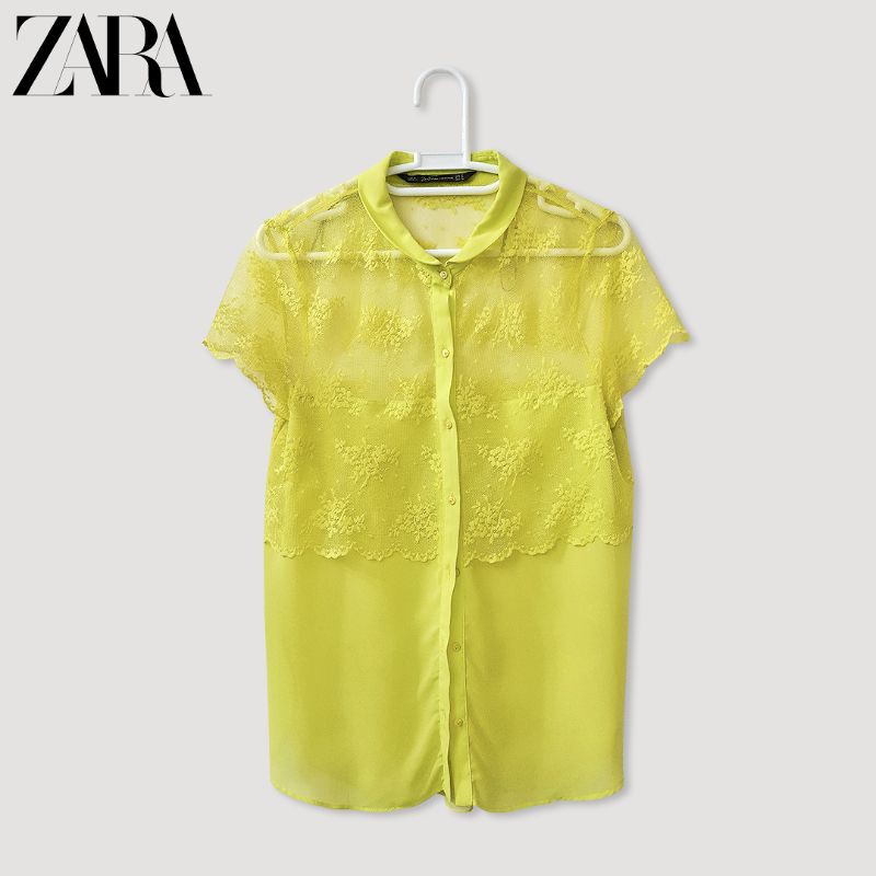 ZARA - Neon Yellow Lace Top เสื้อลูกไม้ ซีทรู มีปก / Size M (used like new)