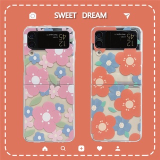 เคสโทรศัพท์มือถือ PC แข็ง แบบใส ลายดอกไม้ สีชมพูส้ม สําหรับ Samsung galaxy Z Flip3 5g ZFLIP3 Z FLIP 3 ZFLIP 4 5g