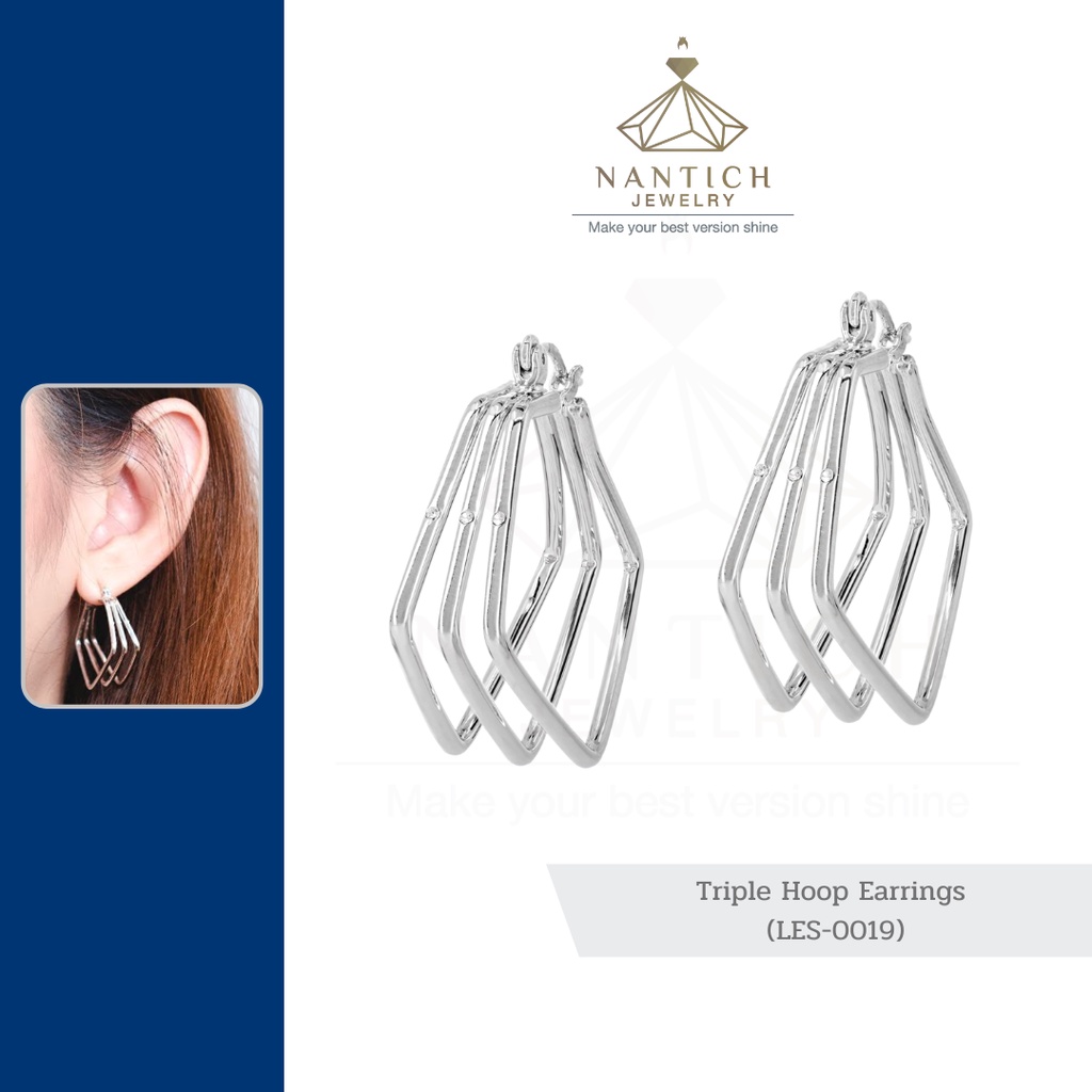 💎👩🏻‍⚕️ [เครื่องประดับ | ปลอดภัย] ต่างหู คนแพ้ง่าย : Triple Hoop Earrings (LES-0019) Nantich Jewelry