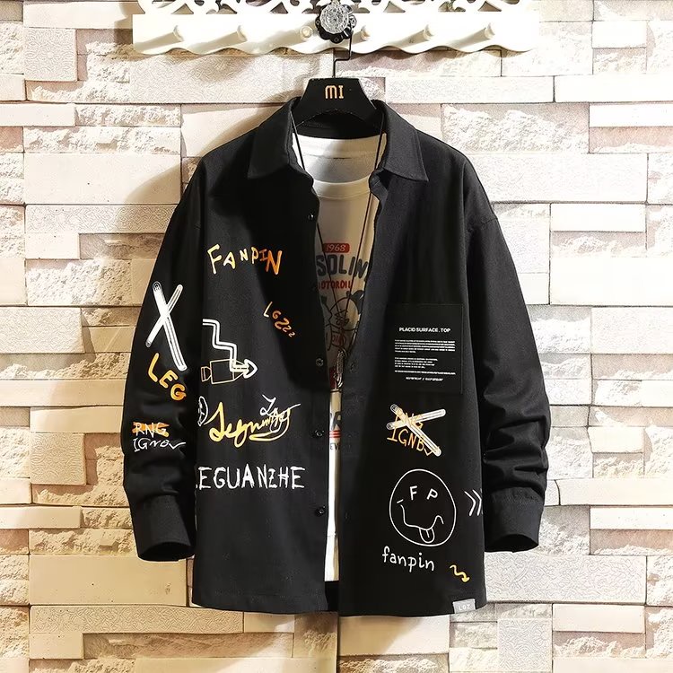 เสื้อเชิ้ตแขนยาวลําลอง พิมพ์ลายตัวอักษร ทรงหลวม ขนาดใหญ่ แบบเรียบง่าย แฟชั่นสไตล์เกาหลี สําหรับผู้ชาย