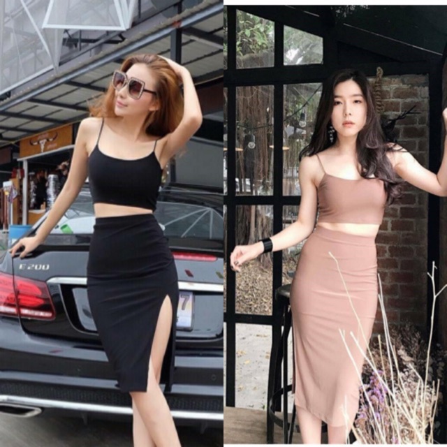aimorn_shop เซต2ชิ้นเสื้อครอป+กระโปรงผ่าข้าง งานสวยผ้ายืดใส่สบายมากๆ