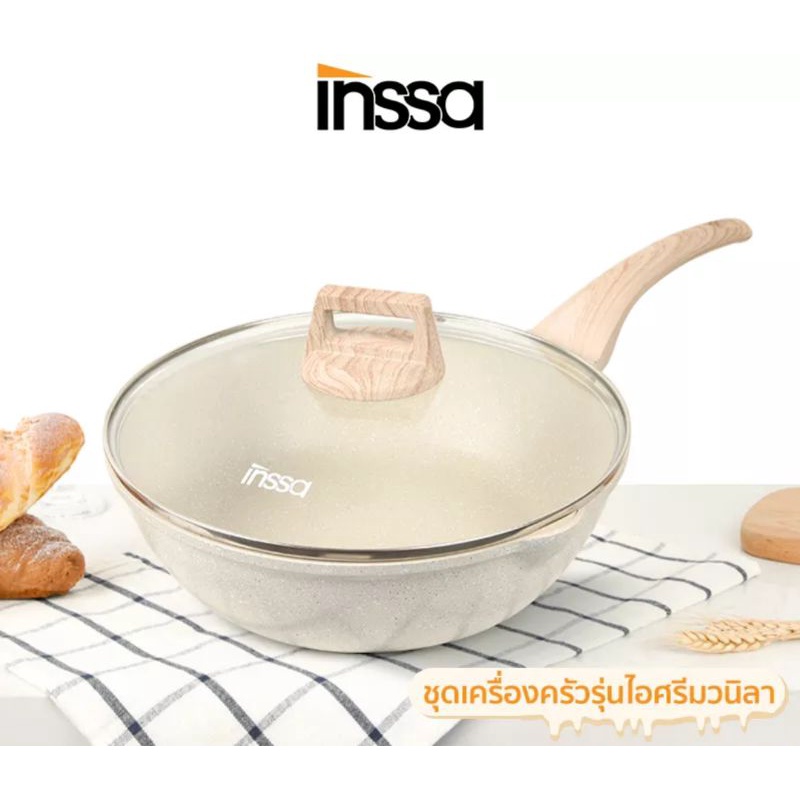 INSSA กระทะก้นลึก,กระทะหินไมฟานไม่ติดกระทะผัด [28 ซม.] และทอดกับเตาแม่เหล็กไฟฟ้า,เตาแก๊ส,กระทะสีขาว 