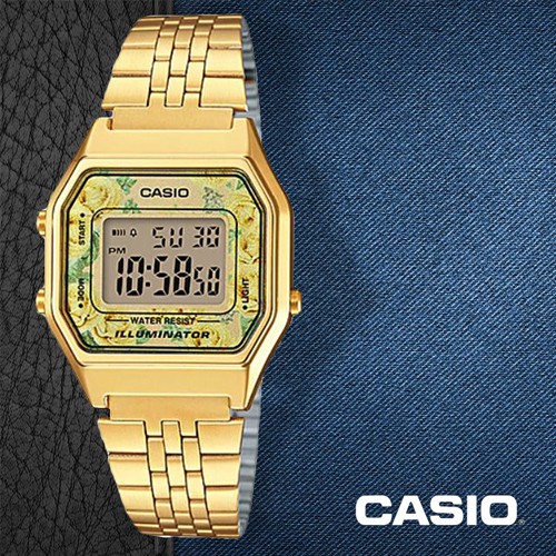Casio Standard นาฬิกาข้อมือผู้หญิง สายสแตนเลส สีทอง(หน้าปัดลายดอกไม้) รุ่น LA680WGA-4CDF,LA680WGA-9CDF