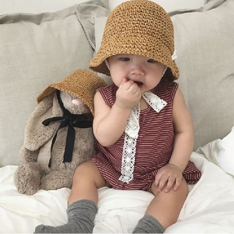 Summer Children Straw Panama Hat Lace Windproof Rope Baby Beach Sun Hat Soft Woven Straw Caps Girl B