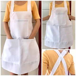 ผ้ากันเปื้อนสีขาวล้วน 2 และ3 กระเป๋า แบบมีซิป สำหรับแม่ค้า ร้านอาหาร แม่ครัว ใช้ในโรงงานผลิตอาหาร