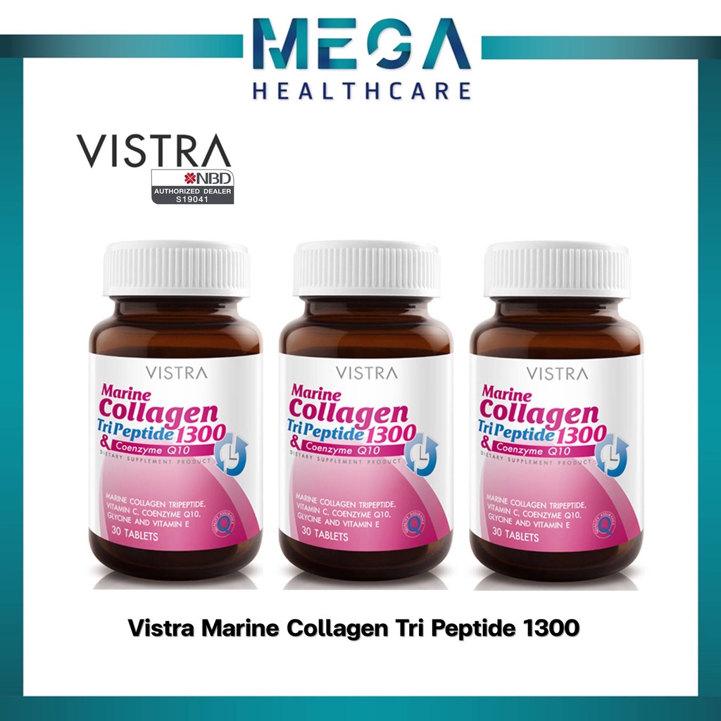 ((ซื้อVistra3ขวด)) Vistra Marine Collagen TriPeptide 1300 mg วิสทร้า มารีน คอลลาเจน ไตรเปปไทด์ (30 เม็ด)