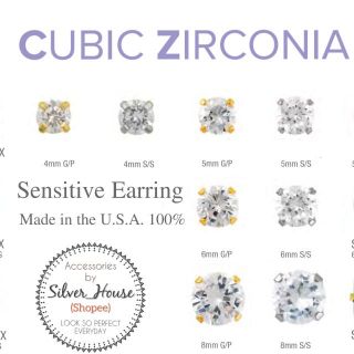 ต่างหูสำหรับคนแพ้ง่ายนำเข้าจาก U.S.A. cubic zirconia 2mm./3mm./4mm./5mm. มีก้านสีทองและก้านสีเงิน(ก้านปกติ)