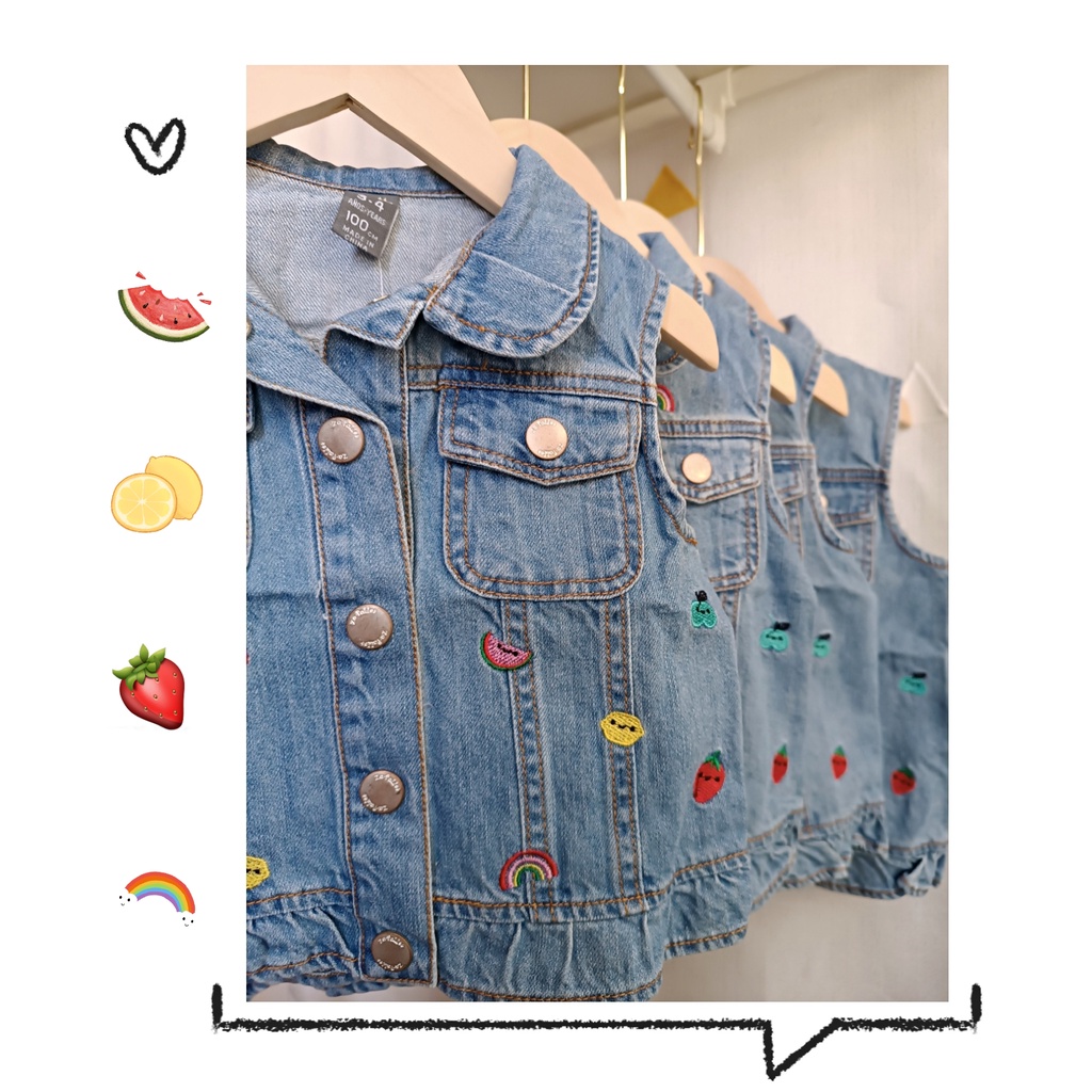 🐝 เสื้อกั๊กยีนส์เด็ก jacket ยีนส์เด็ก แขนกุด คอบัว ชายระบาย ปักลายผลไม้ 🐝