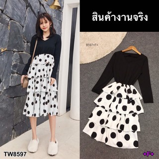 TW8597 Dress ชุดเดรสแขนยาว ด้านบนเป็นผ้าคอตตอนสีดำ