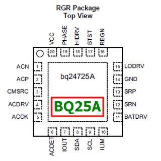 BQ24725A, Marking : BQ25A Functions : 1-4 Cell Li+ Battery SMBus Charge Controller with N-Channel Power MOSFET Selector