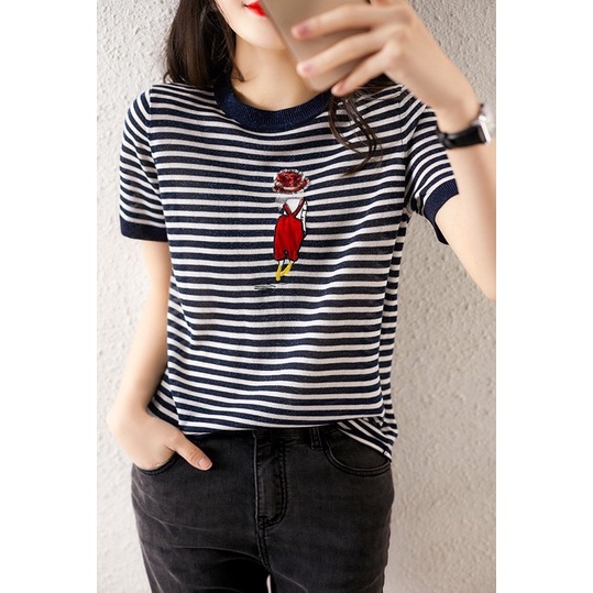 เสื้อไหมพรม ลายทาง ตกแต่งการ์ตูนน่ารัก แขนสั้น สไตล์เกาหลี น่ารักๆ ...