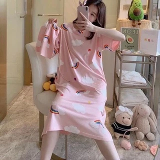 ชุดนอนกระโปรงเดรส ชุดนอนผู้หญิง ชุดนอนผ้าคอตตอน แขนสั้น ฟรีไซส์ ไม่แถมถุงผ้าC1