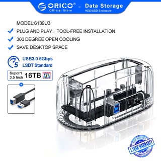 orico 3.5 hdd enclosure 5 gbps to sata 3 . 0 hdd อุปกรณ์แท่นชาร์จสีโปร่งใส uasp 8 tb (6139U3)