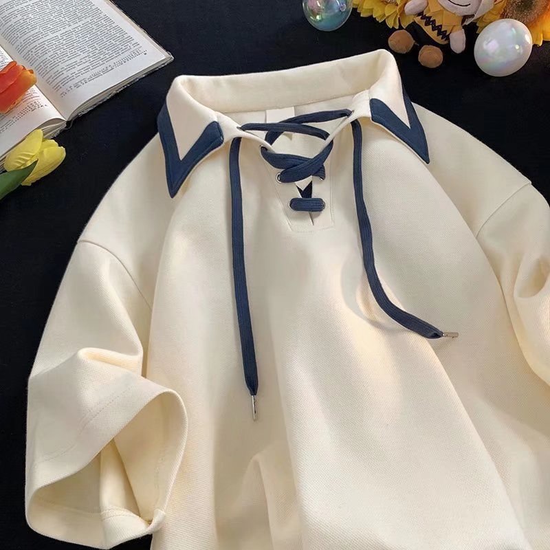 สไตล์กระโหลกโปโลคอปกแขนสั้นเสื้อยืดผู้ชายอินเทรนด์หลวมสไตล์ฮ่องกงออกแบบแขนสั้นเสื้อโปโล เชือกรูด ปกด้านบน