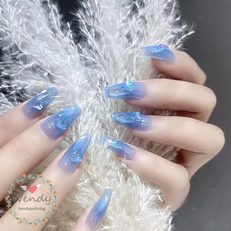 BLNAIL เล็บปลอม แบบเต็มรูปแบบ 3D สีฟ้าแวววาว สไตล์ฝรั่งเศส สําหรับผู้หญิง และเด็กผู้หญิง 24 ชิ้น