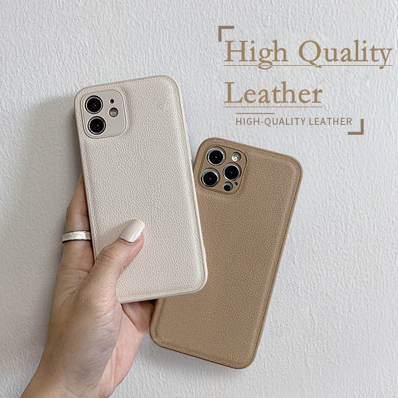 Retro คุณภาพสูงหนังสําหรับ iPhone 11 12 13 Pro max XS max XR 7 8 plus ป้องกันกล้องสีกากี Matte ซิลิโคนสีธรรมดา