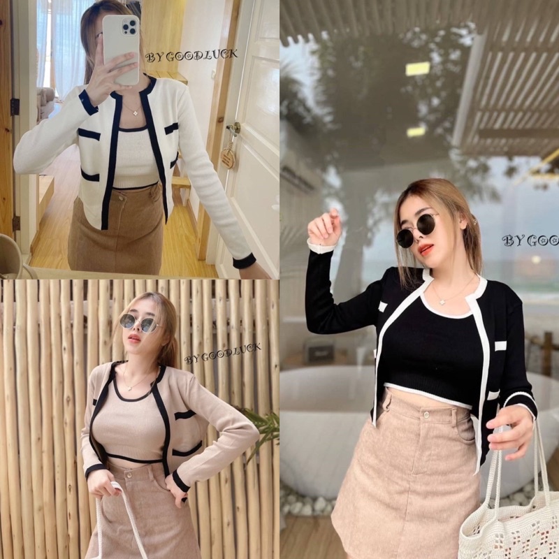 🌈SpinnyHouse🌈 ชุดเซ็ต 2ชิ้น💚งานตามหา💜♥️ครอปกล้าม+เสื้อคลุมคาร์ดิแกน ‼️ผ้าไหมพรม ‼️ น่ารักมากกกก 🌈 พริกเผา F502A
