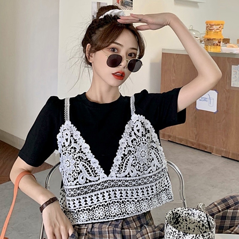 พร้อมส่งจากไทย✅ เสื้อครอป คอกลม แขนสั้น แต่งลูกไม้