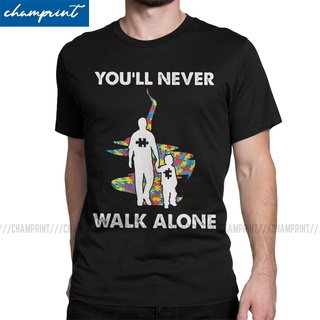 ผ้าฝ้าย 100%เสื้อยืดคอกลม พิมพ์ลาย You Will Never Walk Alone Father Son Autism Awareness สําหรับผู้ชายS-3XL