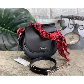 CHARLES &amp; KEITH LEATHER SATIN SCARF CROSSBODY BAG สีดำ