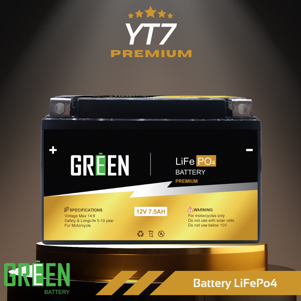 YT7 (12V 7.5Ah) Premium 26650 (A123) แบตเตอรี่มอเตอร์ไซค์ LiFePo4 แบตเตอรี่ลิเธียมฟอสเฟต Green battery พรีเมี่ยม