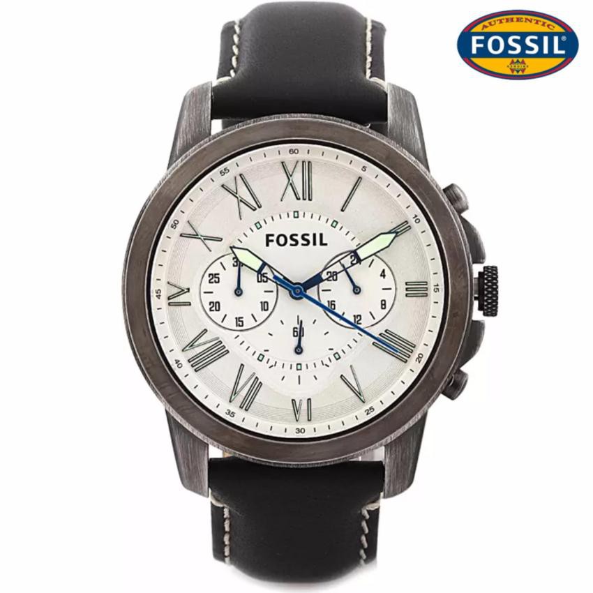 นาฬิกาข้อมือ Fossil FS4921 Grant Chronograph White Dial Black Leather Men's Watch
