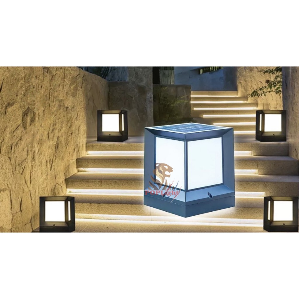 โคมไฟหัวเสาโซล่าเซลล์ ทรง ลูกบาศก์ ใช้พลังงานแสงแดด 100% (Solar Cell ในตัว)
