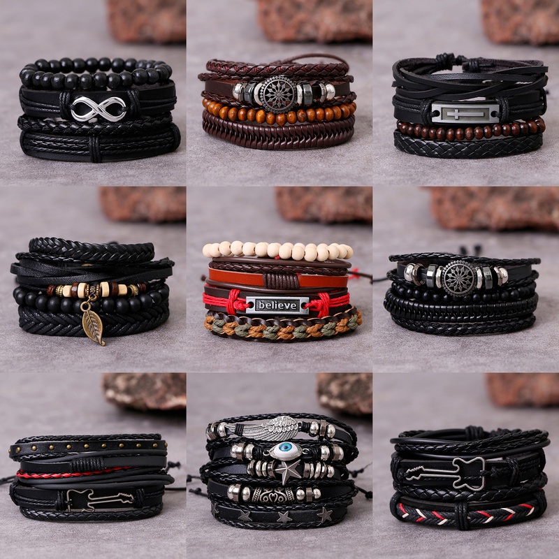 สายรัดข้อมือกําไลข้อมือผู้ชายสายหนังถักหลายชั้นดวงจันทร์สีน้ําตาลสีแดง