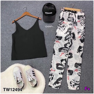 TwinsShopVip💗พร้อมส่ง TW12494 Set เสื้อสายเดี่ยว+กางเกงขายาวพิมพ์ลายกราฟฟิก