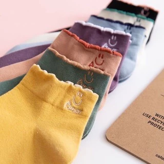 ถุงเท้าแฟชั้น ลายใบไม้สีเขียว แมวสีชมพู สตอเบอรี่ 1แพค 10คู่