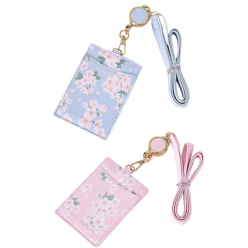 Cute Flowers PU Leather Bus ID Card Holder for Case Badge Retractable Neck Lanya