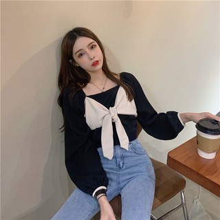 💕เสื้อผ้าผู้หญิง เสื้อยืดแขนยาว Bowknot Tie Square Neck Lantern Sleeve Long Sleeve T-shirt