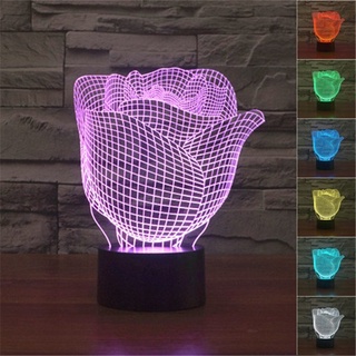 โคมไฟตั้งโต๊ะ LED รูปดอกกุหลาบ 3D ไล่โทนสี โรแมนติก 7 สี ชาร์จ USB