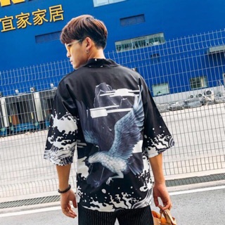 เสื้อคลุมกิโมโน ลายนก สีดำ