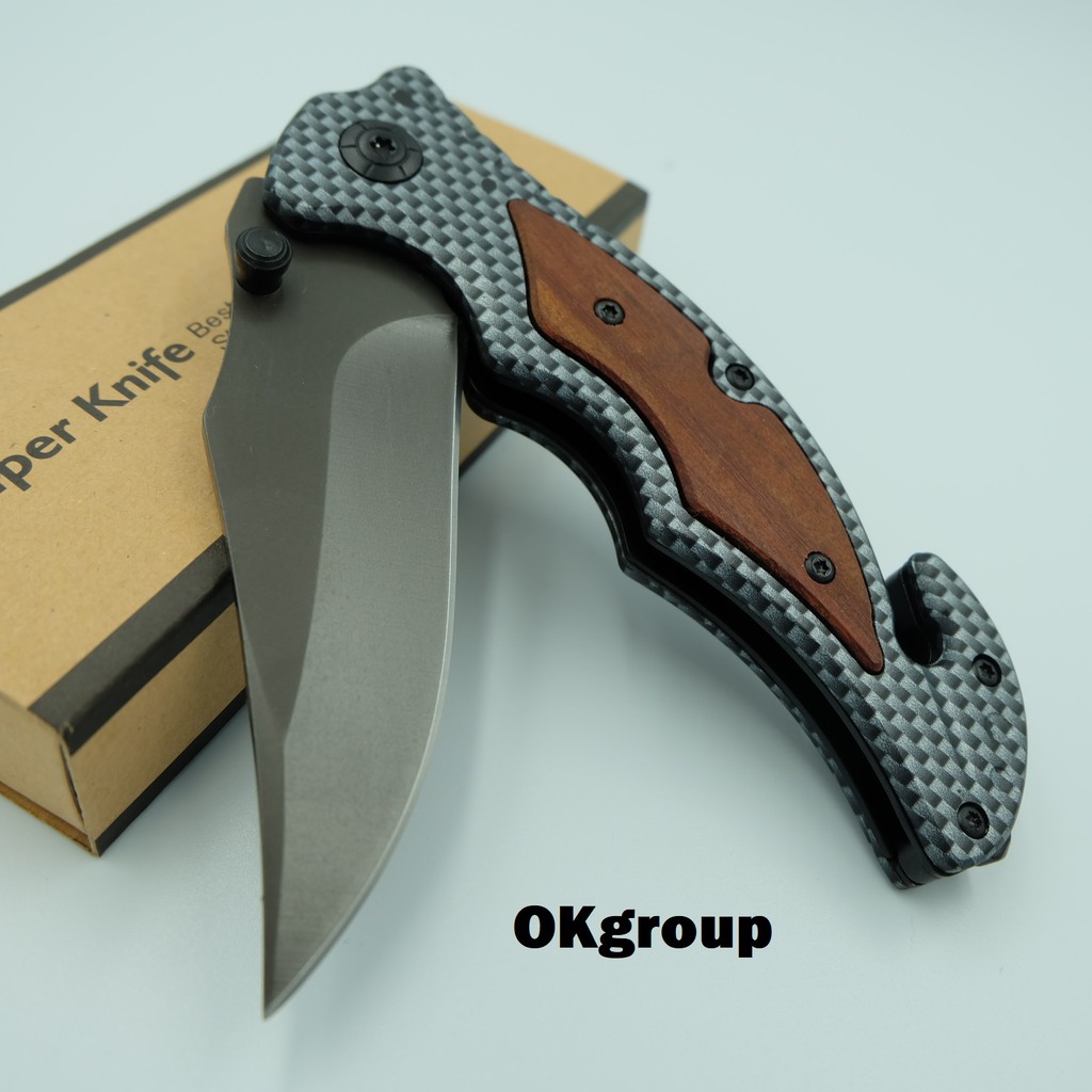 OKgroup NB007-KEVLAR_Folding knife, มีดพับ มีดพกพา มีดเดินป่า ด้ามเคฟล่า ยาว8นิ้ว พร้อมที่ทุบกระจก และที่ตัดsafety belt