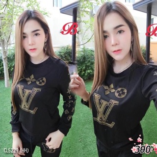 5229 เซ็ต 2 ชิ้น เสื้อคอตตอลสีพื้นดำแขนยาว+กางเกงขายาว