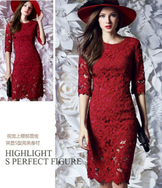 ชุด European lace dress ผ้าลูกไม้ทั้งชุด สีแดง