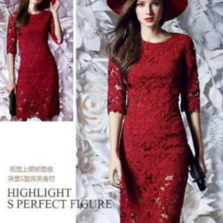 ชุด European lace dress ผ้าลูกไม้ทั้งชุด สีแดง