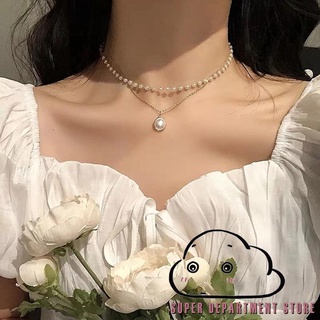 SUPER-Women Double Layer Clavicle Chain Necklace Vintage Simple Pearl Clavicle Chain Jewelry Supplies