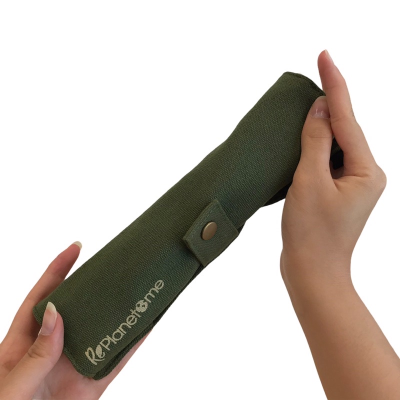 ช้อนส้อมหลอดไม้ไผ่ชุดเดินทางในถุงผ้ากากี || Bamboo Utensil Full Travel Set in Khaki Pouch
