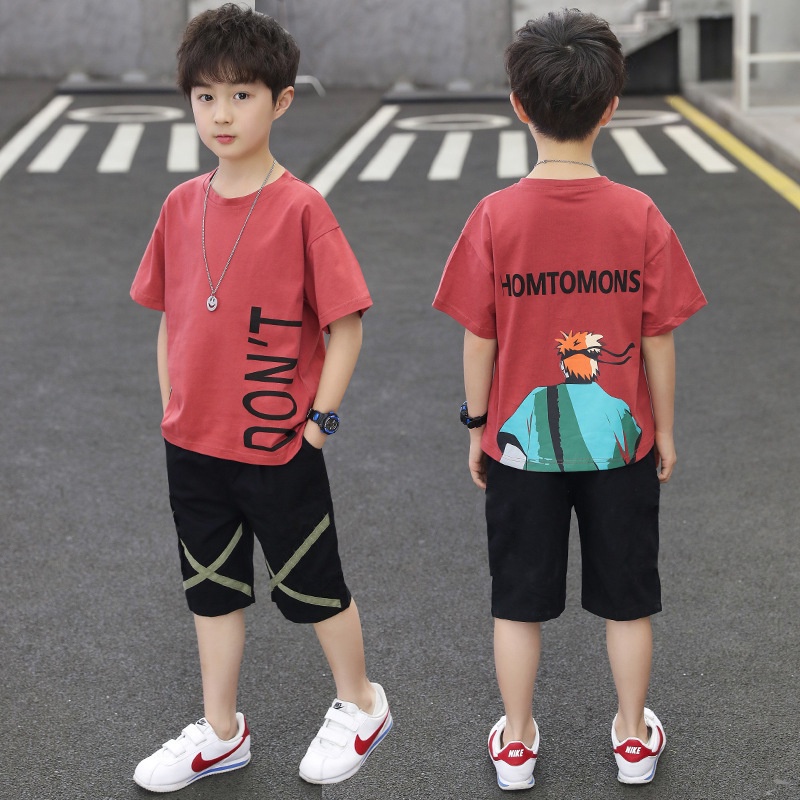 jqk ชุดเซ็ทเด็กผู้ชายเสื้อยืด +กางเกงขาสั้น (มี2สี ครีม/แดง) รุ่น KK001