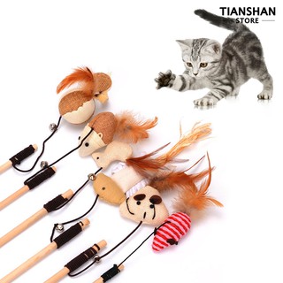 สัตว์เลี้ยงเครื่องประดับ Pet Cat Teaser Wood Stick Rod Wand Rat Pumpkin Fish Doll Feather Toy