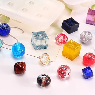 6ช่อง แม่พิมพ์ซิลิโคนทำลูกปัด ทรงกลม/เหลี่ยม/รี มีรูในตัว สำหรับเรซิน DIY อุปกรณ์ทำเครื่องประดับ